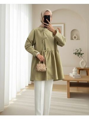 Modamorfo Önü Çapraz Bağlamalı Parçalı Kimono -Zeytin