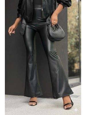 MiraLive Miray- Kadın Yüksek Bel Ispanyol Paçalı Deri Pantolon
