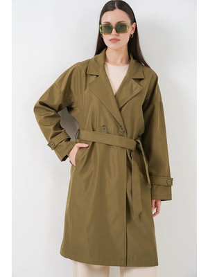 Hiccup Kadın Bdart Kemerli Uzun Trençkot, Ceket Yakalı Haki Yeşil