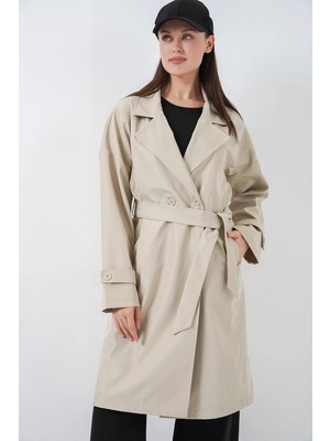 Hiccup Kadın Bdart Kemerli Uzun Trençkot, Ceket Yakalı Bej Doğal