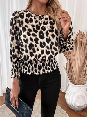 MiraLive Miray- Kadın Uzun Kollu Bisiklet Yaka Leopar Desenli Modal Bluz