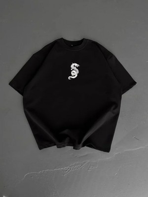 MiraLive Miray- Baskılı Oversize Bisiklet Yaka T-Shirt - Siyah