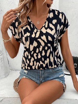 MiraLive Miray- Kadın Kısa Kollu V Yakalı Desenli Süprem Bluz