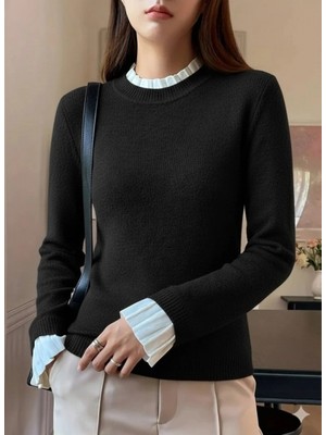 MiraLive Miray- Kadın Uzun Kollu Fırfırlı Yakalı Triko Bluz