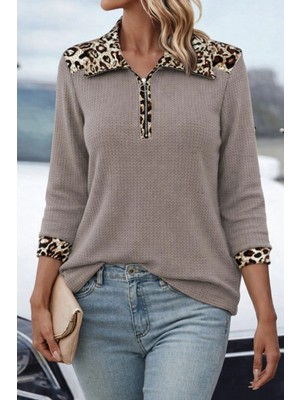 MiraLive Miray- Kadın Uzun Kollu Leopar Yakalı Fermuarlı Waffle Bluz