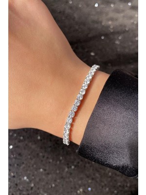 Spossy Silver Jewelry 3,5mm A+ Kalite Zirkon Taşlı, Pırlanta Kilit Su Yolu Bileklik