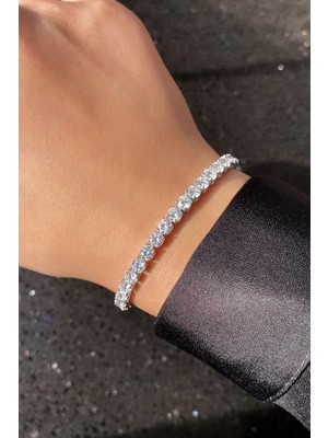 Spossy Silver Jewelry 4mm A+ Kalite Zirkon Taşlı, Pırlanta Kilit Su Yolu Bileklik