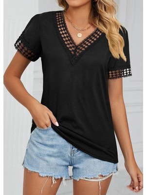 MiraLive Miray- Kadın Kısa Kollu V Yaka Dantel Yakalı Viskon Bluz