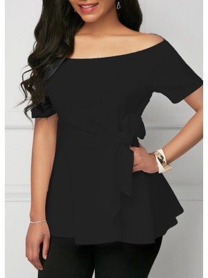 MiraLive Miray- Kadın Kısa Kollu Madonna Yaka Yandan Bağlamalı Ithal Krep Bluz