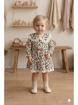 Vavbaby Dantel Yakalı Leopar Desenli Müslin Kız Bebek Elbisesi