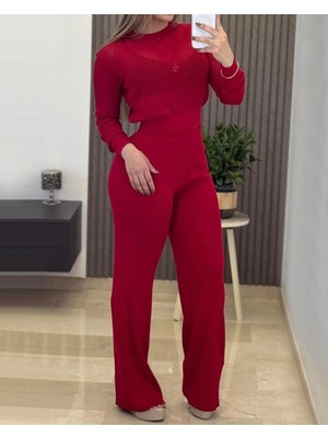 MiraLive Miray- Kadın Uzun Kollu Yuvarlak Yaka Transparan Detaylı Triko Bluz ve Pantolon Ikili Takım