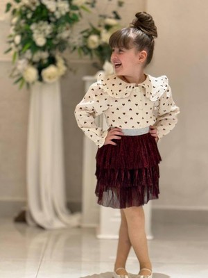 Cg Kids Kalp Desenli Müslin Gömlekli Etekli Takım Süper Kalite Kumaş