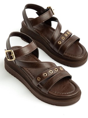 Dilimler Ayakkabı Kadın Dolgu Topuk Sandalet Kahverengi Çapraz Bantlı Troklu