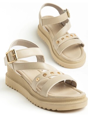 Dilimler Ayakkabı Kadın Dolgu Topuk Sandalet Bej Çapraz Bantlı Troklu