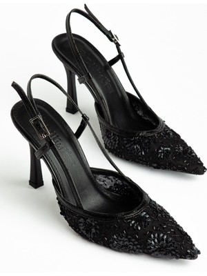Dilimler Ayakkabı Kadın Topuklu Abiye Ayakkabı Siyah File Üzeri Çiçekli Yan Açık