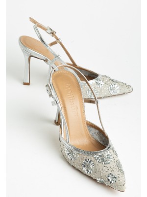 Dilimler Ayakkabı Kadın Topuklu Abiye Ayakkabı Gümüş File Üzeri Çiçekli Yan Açık