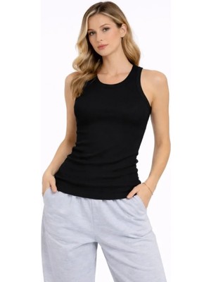 MiraLive Miray- Fitilli Atlet Sıfır Yaka Slim Fit Arka Baskılı Spor Atlet - Siyah