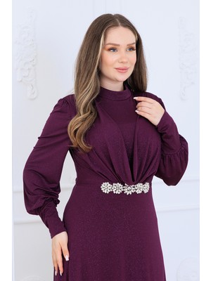 Elisa Tesettür Abiye Elbise Simli Kumaş, Astarlı ve Beli Taş Detaylı