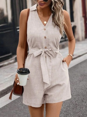 MiraLive Miray- Kadın Sıfır Kollu Yakalı Düğmeli Belden Kuşaklı Kısa Keten Tulum