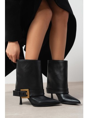 Nişantaşı Shoes Hend Siyah Mat Tozluk Toka Detay Sivri Burun Kadın Topuklu Bot