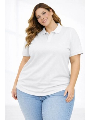 MiraLive Miray- Pike Kumaş Düğmeli Yaka Battal Büyük Beden Günlük Kısa Kol Tişört T-Shirt - Beyaz