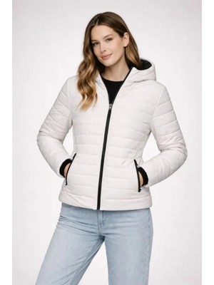 MiraLive Miray- Şişme Kapüşonlu Fermuarlı Mont Su Itici Kapitone Astarlı Kumaş Cepli Kışlık Rahat Kalıp - Krem