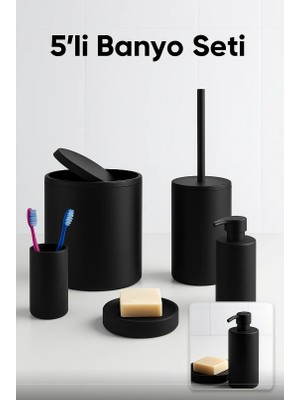 ARV Siyah 5’li Banyo Seti – Çöp Kovası, Tuvalet Fırçası, Sabunluk ve Aksesuarlar
