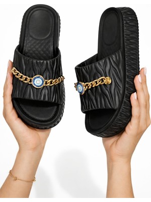 Slipcat Nazar Zincir Detaylı Platform Kalın Taban Gold Zincirli Günlük Kadın Terlik