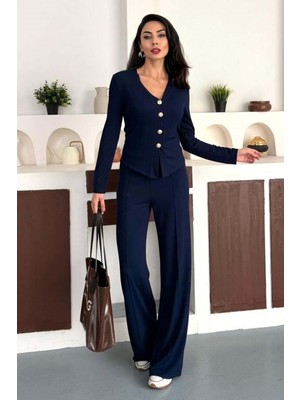 Zishan Fashion Kadın Fitilli Dokulu Ikili Takım – Düğmeli V Yaka Üst ve Bol Paça Pantolon – 4 Renk 10145