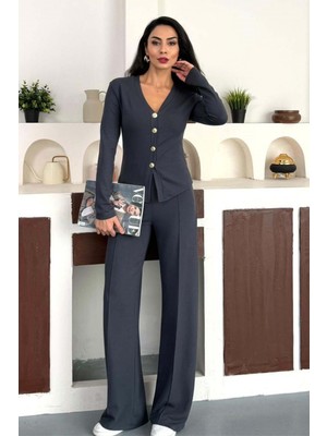 Zishan Fashion Kadın Fitilli Dokulu Ikili Takım – Düğmeli V Yaka Üst ve Bol Paça Pantolon – 4 Renk 10145