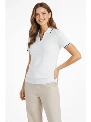 MiraLive Miray- Triko Kumaş Yakalı Düğmesiz Açık Yaka Fitilli Kısa Kollu Regular Fit Tişört T-Shirt - Beyaz