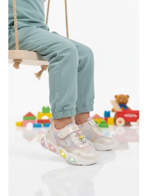 Promax Beyaz Cırtlı Işıklı Hafif Kız Çocuk Spor Ayakkabı 1998 P