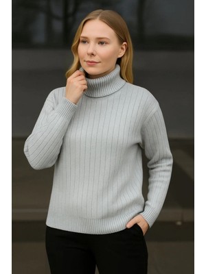 MiraLive Miray- Balıkcı Yaka Bağazlı Triko Kazak Pamuklu Kalın Fitilli Dokuma - Gri