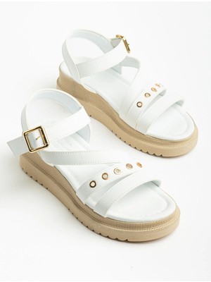 Dilimler Ayakkabı Kadın Dolgu Topuk Sandalet Beyaz Çapraz Bantlı Troklu