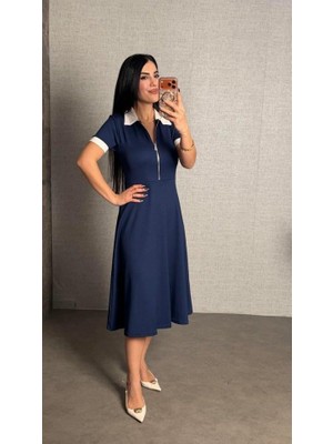 Mareandpanda Kadın Kısa Kollu Ribana ve Fermuar Detay Midi Boy Elbise