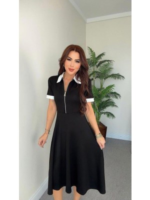 Mareandpanda Kadın Kısa Kollu Ribana ve Fermuar Detay Midi Boy Elbise