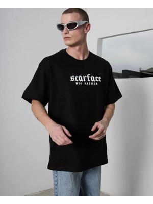 MiraLive Miray- Unisex Bisiklet Yaka Baskılı Oversize T-Shirt - Siyah