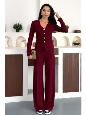 Zishan Fashion Kadın Fitilli Dokulu Ikili Takım – Düğmeli V Yaka Üst ve Bol Paça Pantolon – 4 Renk 10145