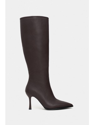 Nişantaşı Shoes Doli Kahve Mat Fermuar Detay Sivri Burun Kadın Topuklu Çizme