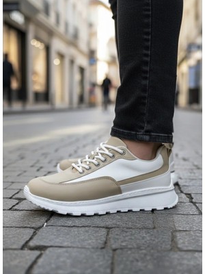 Ebrus Trend ET0246 Krem Bağcıklı Yüksek Beyaz Taban Günlük Erkek Ayakkabı