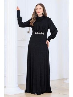 Elisa Tesettür Abiye Elbise Simli Kumaş, Astarlı ve Beli Taş Detaylı