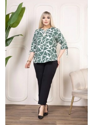 MiraLive Miray- Desenli Püsküllü Viskon Bluz Bebe Yaka Kısa Kollu Big Size Rahat Kesim - Desenli