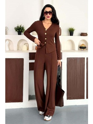 Zishan Fashion Kadın Fitilli Dokulu Ikili Takım – Düğmeli V Yaka Üst ve Bol Paça Pantolon – 4 Renk 10145