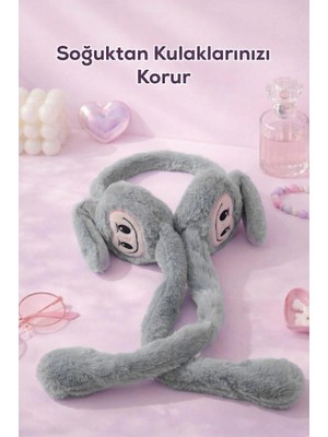 MUJGAN Hareketli Tavşan Kulaklı Peluş Kulaklık Gri Renk