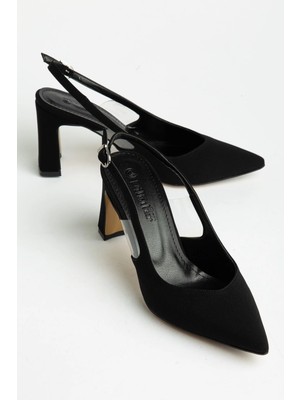 Dilimler Ayakkabı Büyük Beden Kadın Topuklu Ayakkabı Siyah Saten Yassı Ökçe Yan Şeffaf