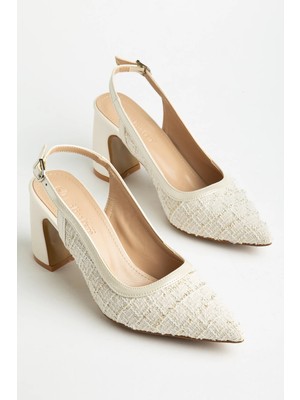 Dilimler Ayakkabı Büyük Beden Kadın Kalın Topuklu Ayakkabı Bej Triko Üzeri Simli