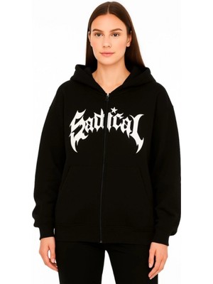 MiraLive Miray- Oversize Kapüşonlu Sweatshirt  Hoodie 3 Iplik Şardonlu Pamuklu Kumaş, Önü Baskılı, Fermuarlı Rahat Kalıp, Kışlık ve Sokak Stili Sweat - Siyah