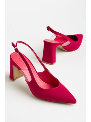 Dilimler Ayakkabı Büyük Beden Kadın Topuklu Ayakkabı Fuşya Saten Yassı Ökçe Yan Şeffaf