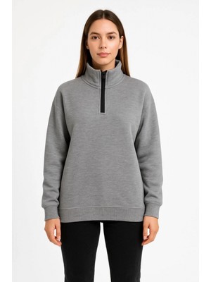 MiraLive Miray- Üç Iplik Dık Yaka Yarım Fermuarlı Sweatshirt - Gri