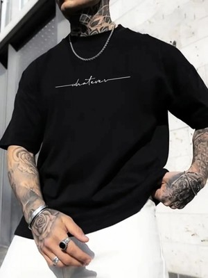 MiraLive Miray- Baskılı Oversize Bisiklet Yaka T-Shirt - Siyah